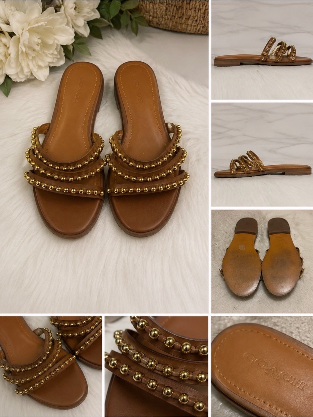 Coach Tan Leather Slide Sandals with Gold Bead Straps